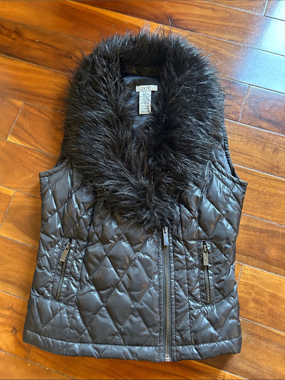 Cache Black Quilted Vest with Faux Fur Collar